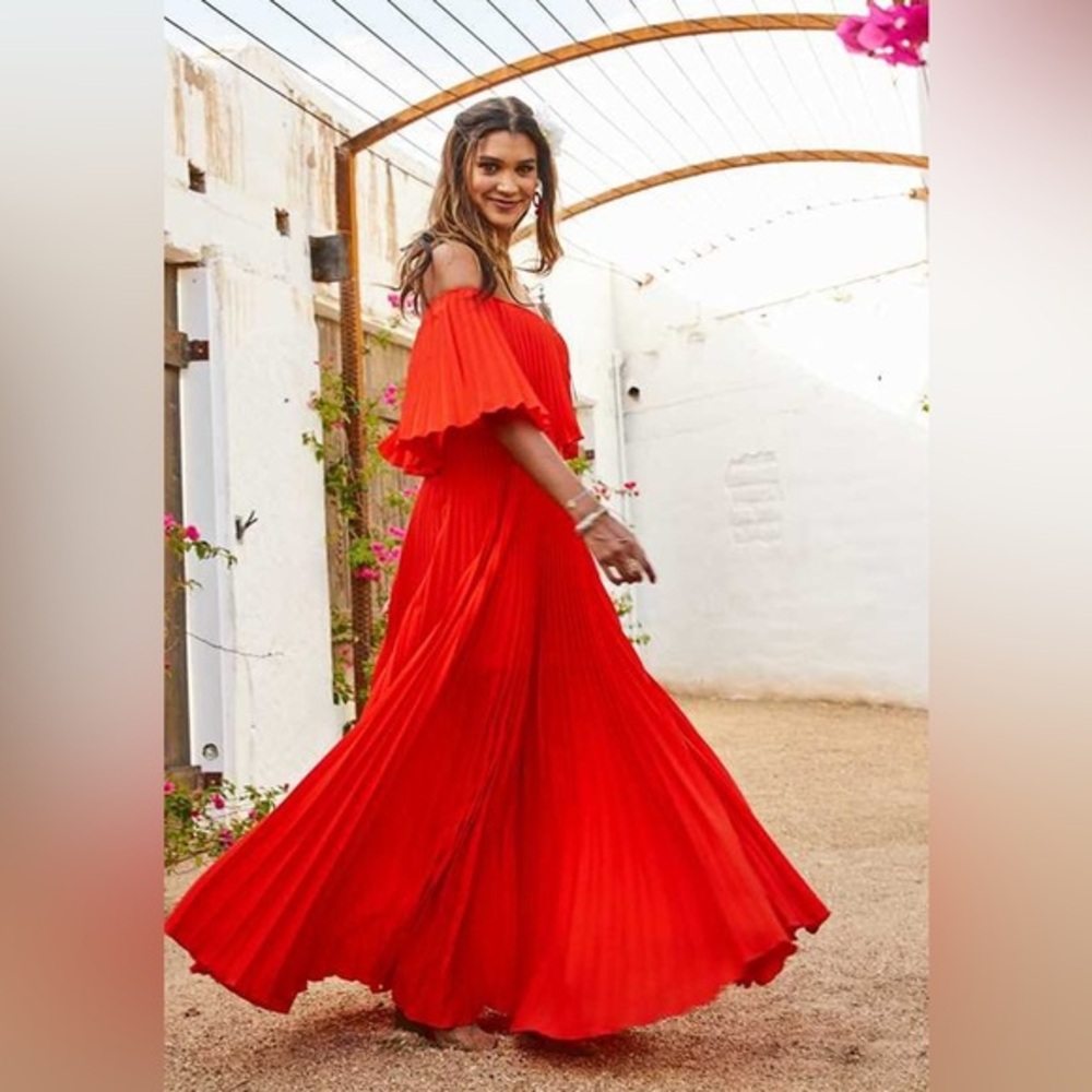 Altar'd State Audrianna Tomato Red Pleated Off The Shoulder Maxi Dress Small